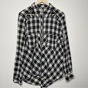 Free People Gauzy Plaid Lace Up Button Down Shirt